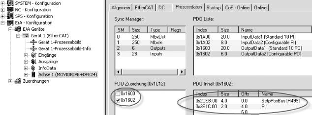 8 I 0 Motion control via EtherCAT Voorbeeld TwinCAT In de PDO-bezetting wordt PDO1 gedeactiveerd en in PDO2