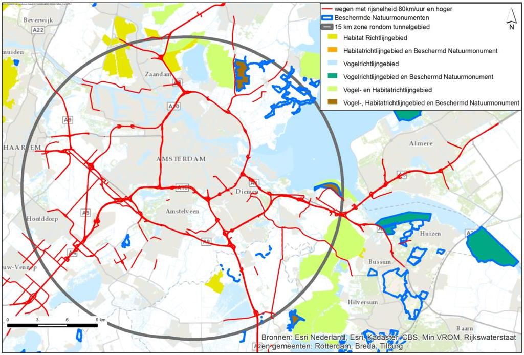 Afbeelding 15: Het studiegebied voor bepalen stikstofdepositie op Natura 2000-gebieden en Beschermde Natuurmonumenten tijdens de aanlegfase. Vrachtverkeer maakt gebruik van het hoofdwegennet (rood).