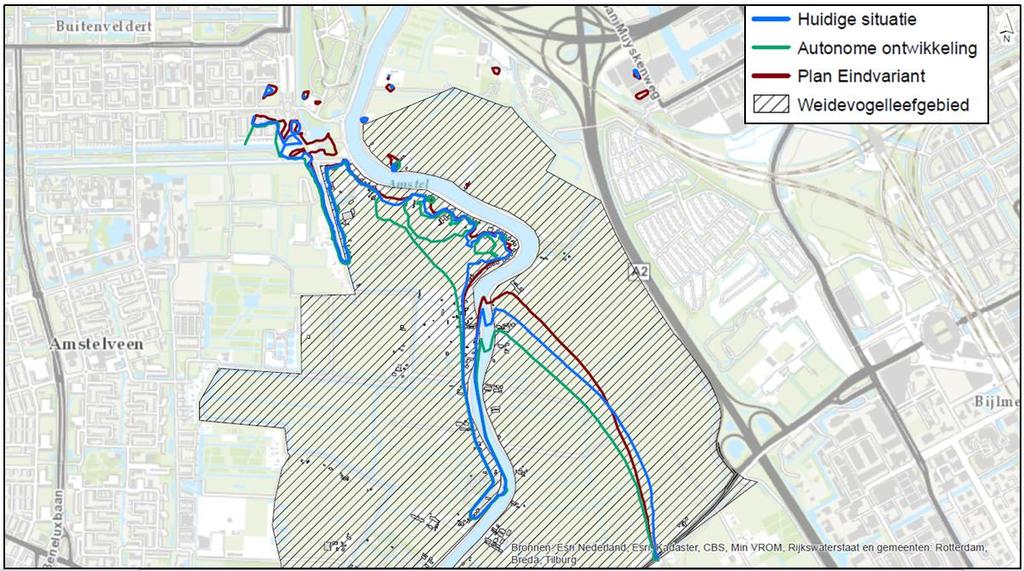 Afbeelding 43 en Tabel 21 laten zien dat het verstoorde oppervlak van het weidevogelgebied bij de autonome ontwikkeling met 22,896 ha toeneemt ten opzichte van de huidige situatie.