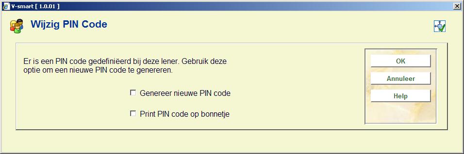 PIN code: Gebruik deze optie om een nieuwe PIN code te genereren voor de lener.