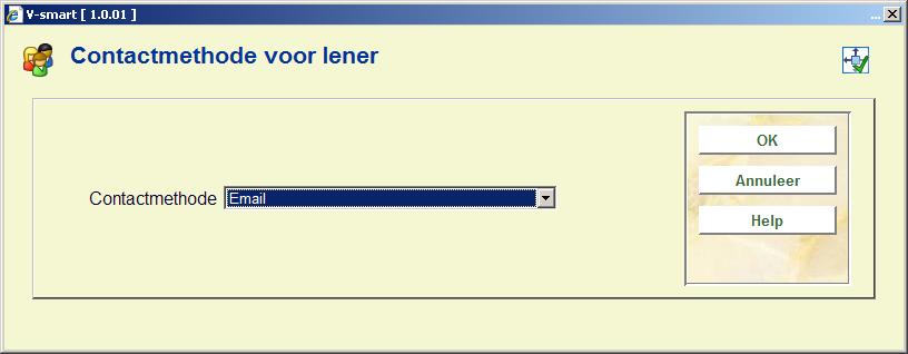 Kies een methode uit de dropdown lijst. Het is echter gebruikelijker om de contactmethode voor een lener te definiëren volgens onderstaande hiërarchie: 1. Lenerscategorie 2. Uitleenlocatie 3.