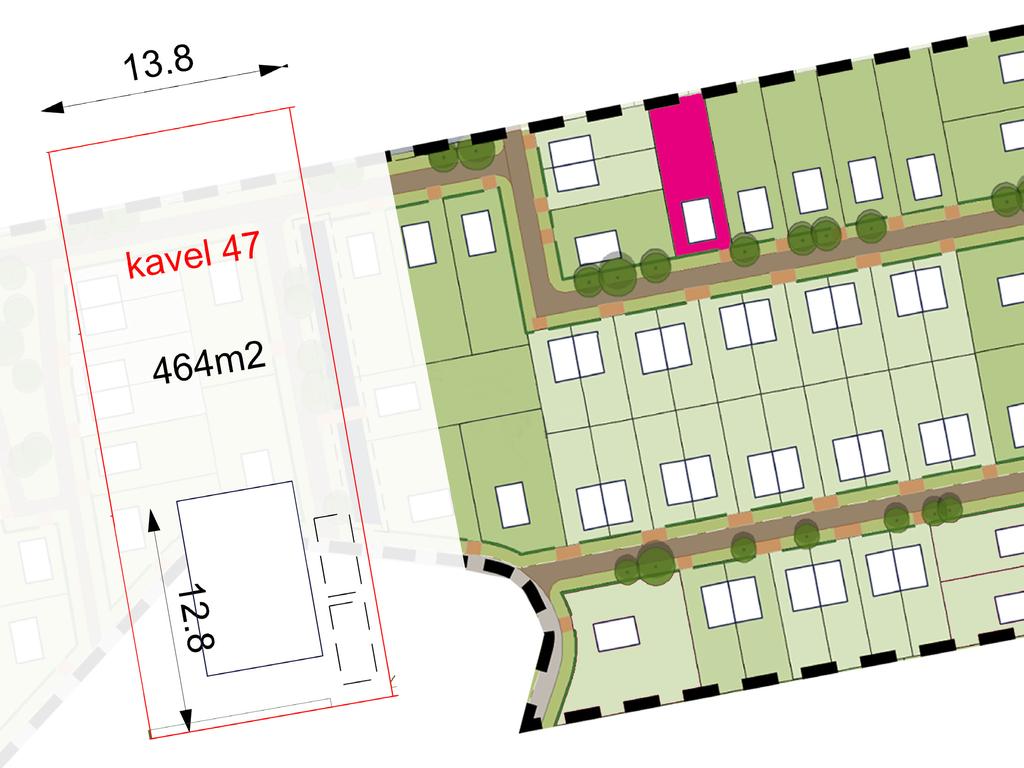 Kavel 47 Kavelnummer: 47 464 m2 113.991,-- v.o.n. Tuin op het noorden Bijzonderheden: Woonstraat o.