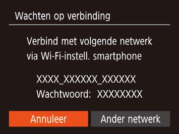 Via het Wi-Fi-menu verbinding maken met een smartphone De SSID en het wachtwoord van de camera worden weergegeven.