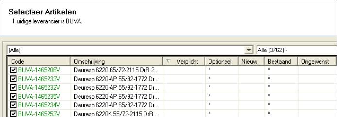 Selecteer Artikelen Vink de onderdelen aan die geïmporteerd moeten worden. Boven in het scherm kan gefilterd worden om het selecteren makkelijker te maken.