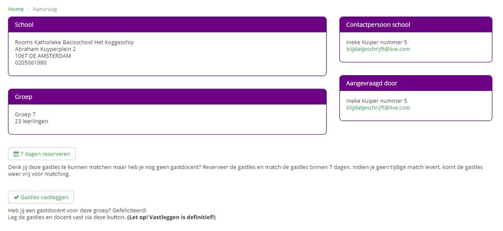 Door op de button te klikken, beland je in volgend scherm: Uit dit scherm kun je opmaken dat 'Ineke Kuiper' de contactpersoon is voor groep 7 op de Rooms Katholieke Basisschool Het Koggeschip en dat