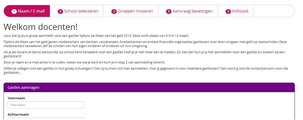 Aanvragen van een gastles door docenten: Voor het aanvragen van een gastles gaan scholen (meestal vanaf januari) naar http://www.weekvanhetgeld.