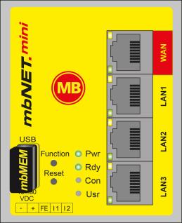 Laden in mbnet.mini Als de mbnet.mini is verbonden met de stroomvoorziening en klaar is voor gebruik (Rdy LED continue aan) kan de USB stick in de router geplaatst worden.