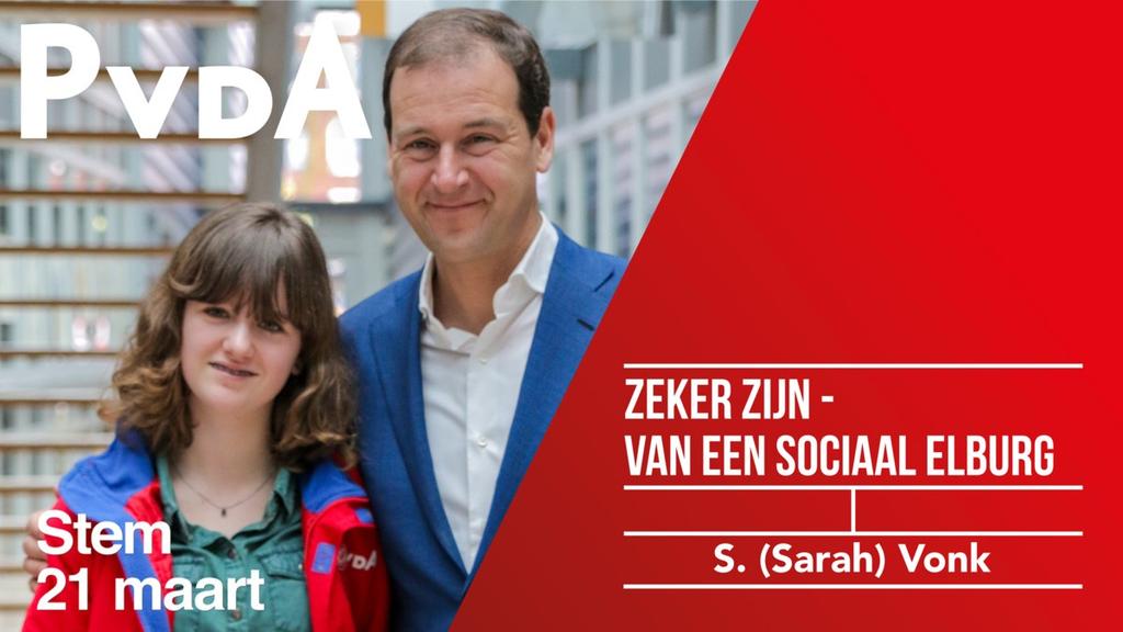 Sarah Vonk is met haar 15 jaar de jongste kandidaat op de lijst van de Partij van de Arbeid Elburg in 2018. Ze is erg ambitieus en wil graag meehelpen aan het verbeteren van de gemeente Elburg.