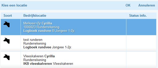 2) Heeft u alles ingevoerd dan klikt u op OK. Heeft u in het vorige scherm gekozen voor alle diersoorten dan krijgt u alle bedrijfslocaties van deze cliënt te zien.