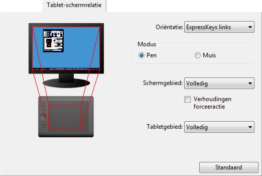 57 RELATIE TUSSEN TABLET EN SCHERM Ga naar het tabblad TABLET-SCHERMRELATIE om de relatie tussen de apparaatbewegingen op het tablet en de cursorbewegingen op het scherm te definiëren.