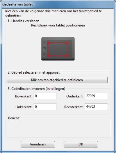 60 GEDEELTE VAN HET TABLETGEBIED Om in te stellen op welk gedeelte van het scherm het tabletgebied wordt geprojecteerd, opent u het tabblad TABLET-SCHERMRELATIE en kiest u de optie TABLETGEBIED.