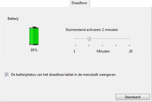 82 STATUS VAN BATTERIJ EN DRAADLOZE VERBINDING In de draadloze modus krijgt u extra informatie over uw Intuos5-tablet.