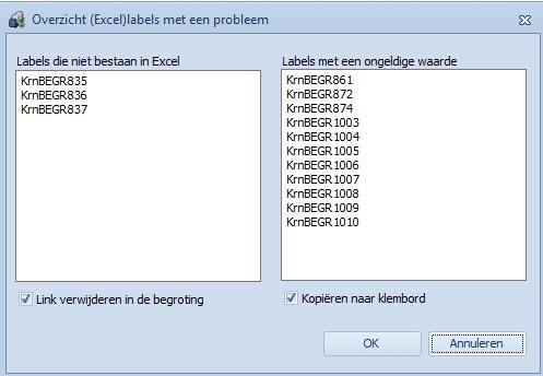 Via de eerste keuze worden de Kraan-namen uit het Excel-document verwijderd die niet meer aan een Excel-cel gekoppeld zijn (het aantal verwijderde labels wordt weergegeven).