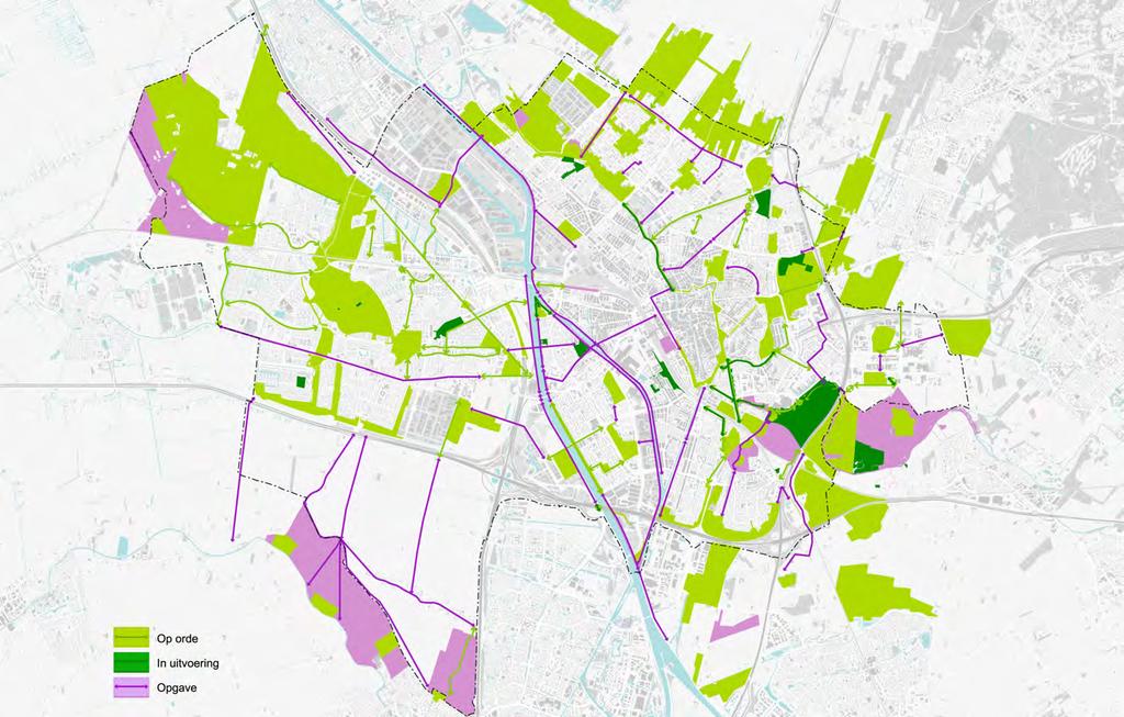 Kaart: Status uitvoering groenstructuur in de stad.
