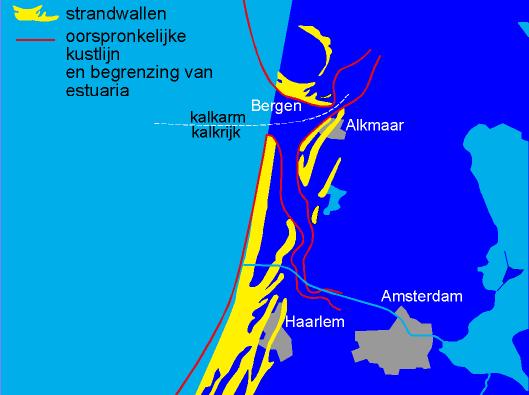 Patroon van de strandwallen en gereconstrueerde ligging van de kustlijn en zeegaten rond 1000 v Chr (naar Zagwijn 1986, uit Berendsen 1997) Aan het einde van de ijstijd begon het ijs te smelten en de