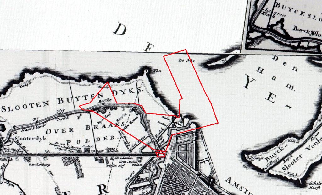 BO 09-082 6 Het plangebied Westerpark Noord in de Overbraker (Buiten) Polder, op de kaart van Visscher uit ca 1700. De Haarlemmertrekvaart doorsnijdt de Spieringhorner Polder. 3.2.3 Bewoning en nijverheid De kronkelige dijk was geruime tijd de enige verbinding over land tussen Amsterdam en Haarlem.