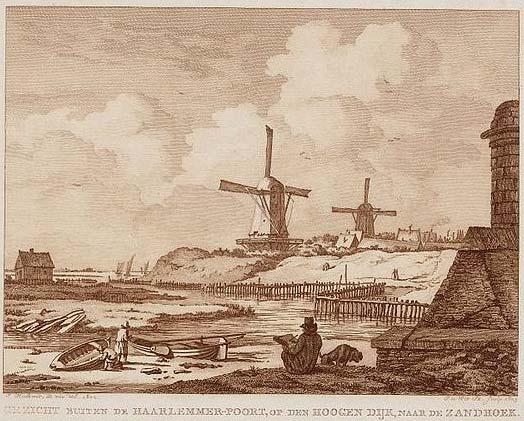 9 De vervallen bolwerken De Bocht en Blaauwhoofd vanaf Westerbeer met molens De Vervanger en De Bok in 1813. Links het IJ. Prent I. J. de Wit 1800-1803, Stadsarchief.