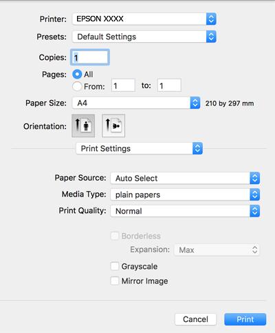 Afdrukken 5. Selecteer Printerinstellingen in het venstermenu. Als in Mac OS X v10.8.x of later het menu Printerinstellingen niet wordt weergegeven, is het Epson-printerprogramma fout geïnstalleerd.