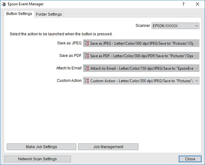 Scannen 6. Zorg ervoor dat de Aangepaste actie is geselecteerd in de lijst Aangepaste actie. 7. Klik op Sluiten om Epson Event Manager te sluiten.
