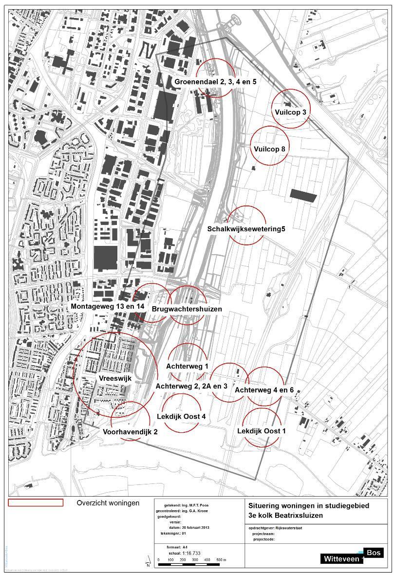Afbeelding 5.3 Ligging bestaande woningen in studiegebied 5.1.2 Geluidbelasting in de gebruiksfase Het Lekkanaal wordt ter hoogte van het sluiscomplex in oostelijke richting verbreed.