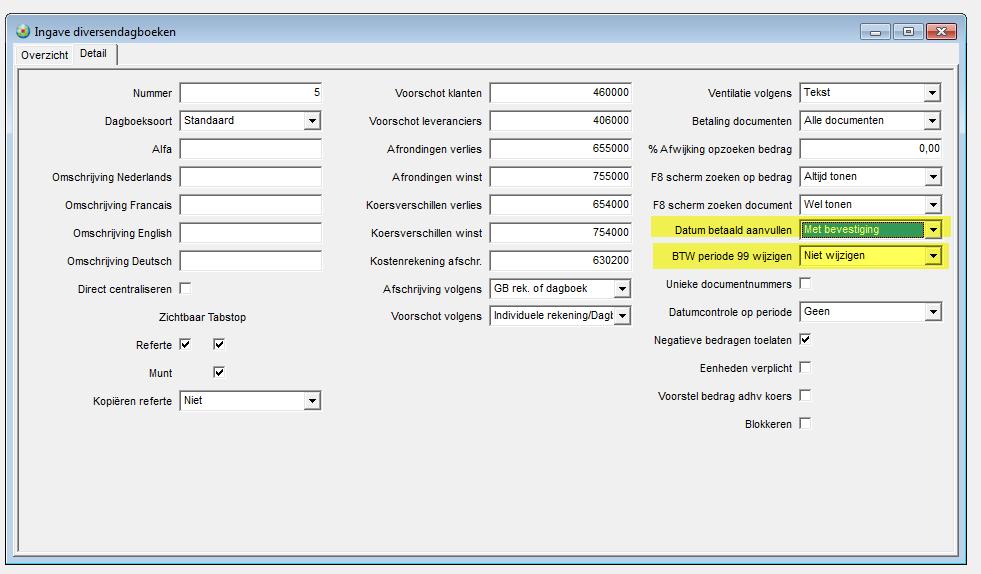 en verkopen automatisch word opgevuld, en of de btw-periode 99 gewijzigd moet worden.