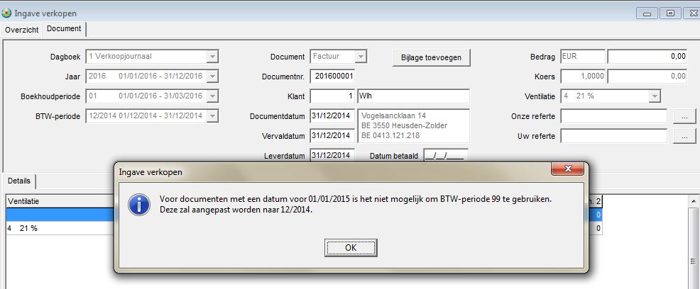 Daarnaast kunt u zowel voor aan- als verkoopdocumenten kiezen om in het veld Btw-periode, de periode 99 Toe te wijzen te gebruiken.