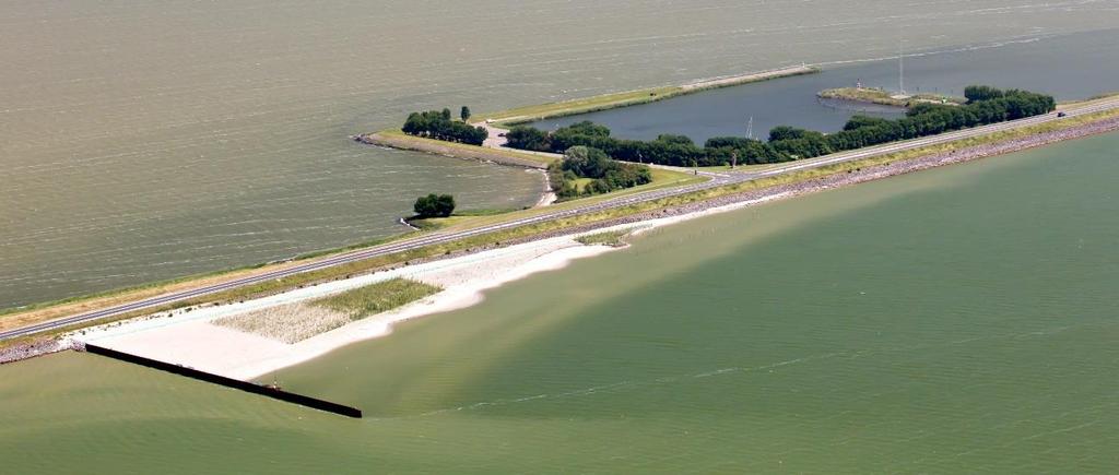 Figuur 1-3 Overzicht proefsectie langs Houtribdijk in juni 2016, twee jaar na de aanleg met ingestelde evenwichtsligging en duidelijk herkenbare vegetatie [bron: opname RWS, Jurriaan Brobbel].