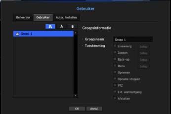 menu-instellingen Gebruikersinstelling U kunt een groep maken of rechten instellen voor elke groep. U kunt een gebruiker toevoegen en de geregistreerde gebruikersinformatie bewerken.