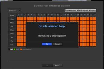 (Pagina 84) - <AAN> : Groen gemarkeerd, en genereert altijd alarm op geplande tijd. - <UIT> : Zwart gemarkeerd, er wordt geen alarm gegenereerd zelf als zich een gebeurtenis voordoet. - <Geb. Synchr.