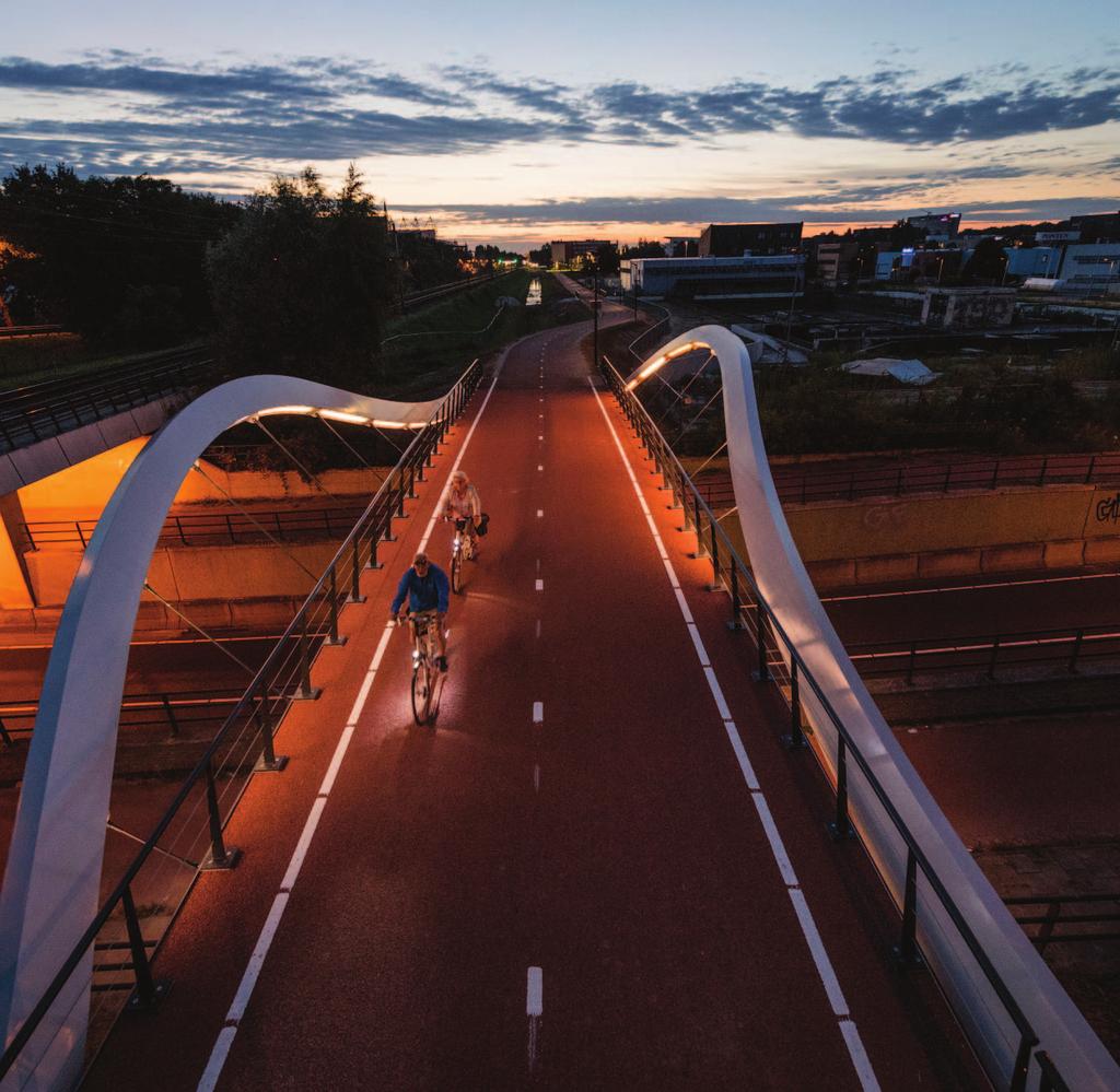 DNA-brug (Flowrider) wurck architectuur stedenbouw landschap POORT EN SYMBOOL Het DNA van, de regio Twente en het Kennispark verwezenlijkt in één brug: de DNA-brug is een belichaming van de