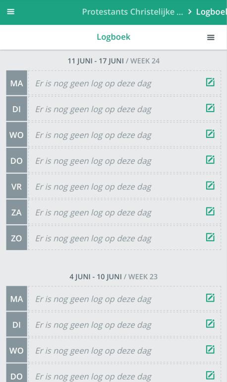Het logboek startscherm wordt geopend. Bovenaan zie je de actuele week.