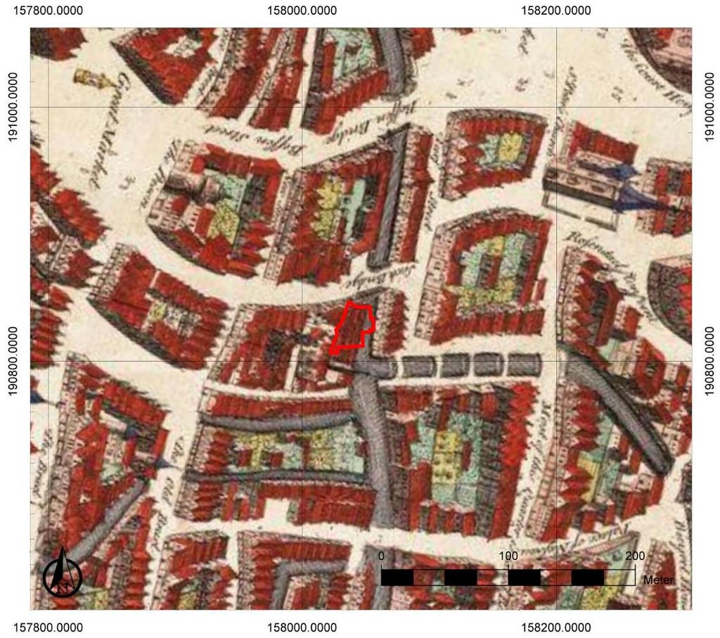 16 Mechelen Zakstraat Figuur 14: Plattegrond van de stad Mechelen, van Basire, 1745 (Stadsarchief Mechelen SME001002170) In 1574 werd door G. Braun en F.