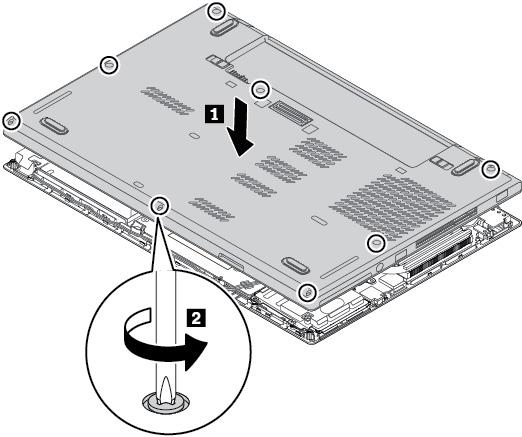 7. Installeer de nieuwe klep aan de onderkant van de computer, zoals afgebeeld 1. Controleer of de klemmen van de klep aan de onderkant van de computer goed vastzitten.