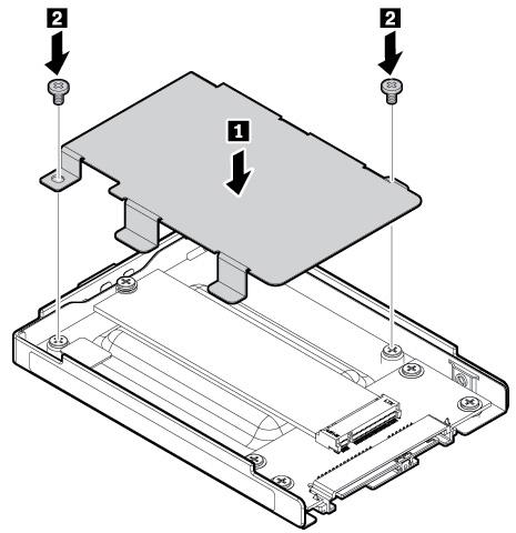 4. Plaats de adapter 1 en kantel hem naar beneden 2. Controleer of de M.2 SSD-stationsadapter goed op zijn plaats zit. 5. Breng de schroef aan om de M.2 SSD-stationsadapter vast te zetten. 6.