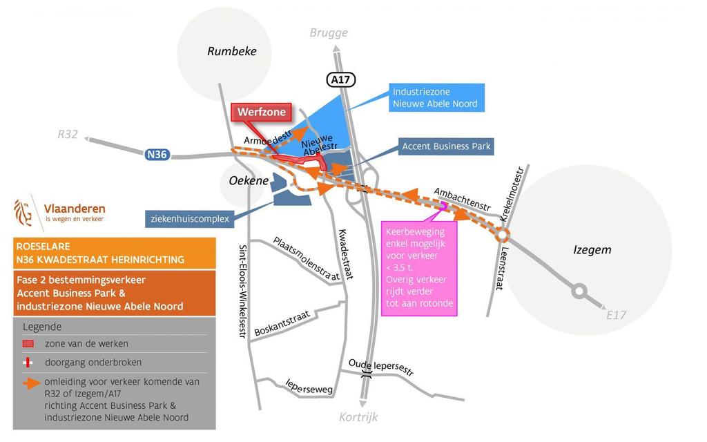 Bestemmingsverkeer komende vanuit Rumbeke richting Accent Business Park dient de omleiding te volgen richting Izegem om daar te keren en zo de andere rijrichting te bereiken die naar Accent Business