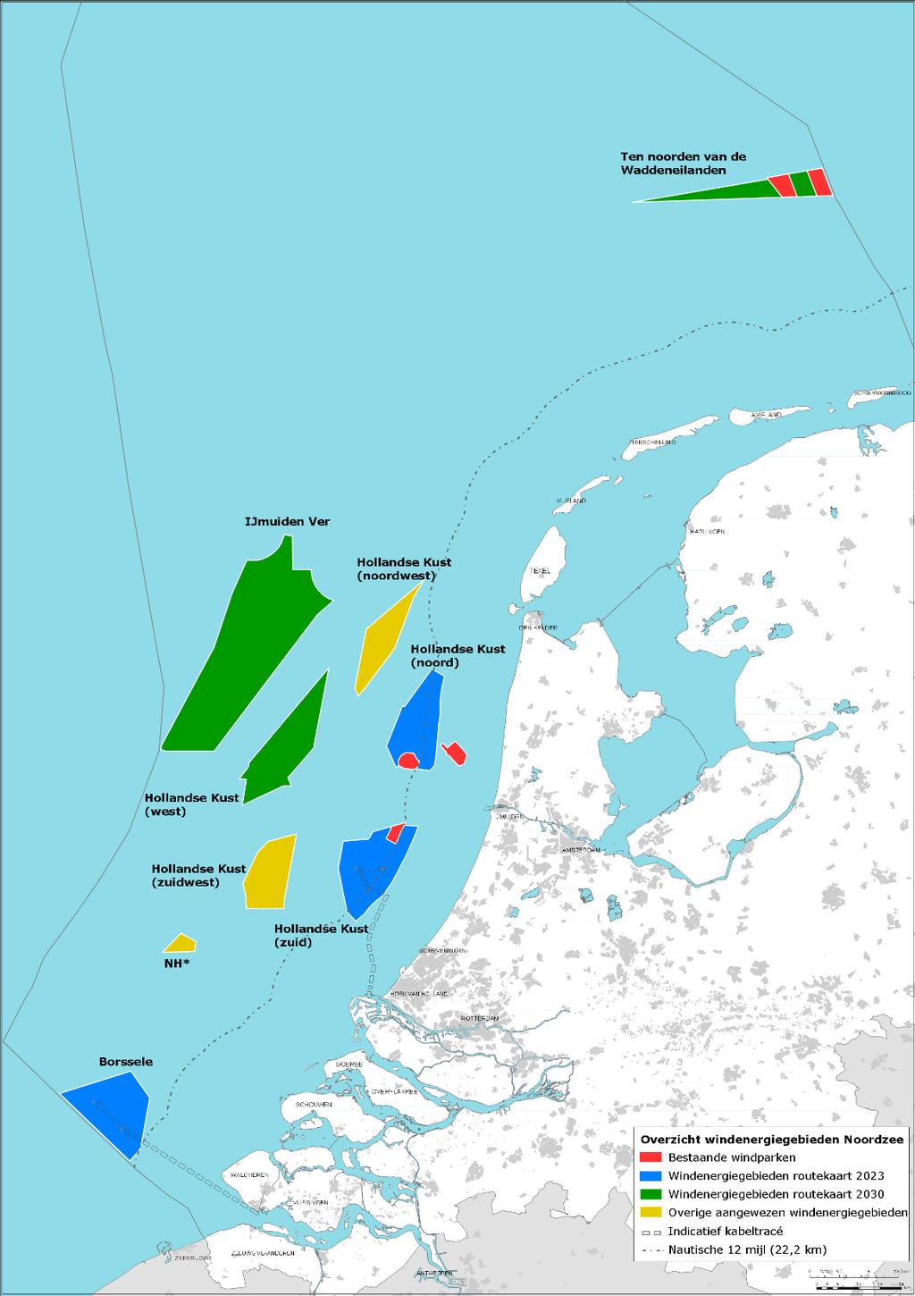MER DEEL A NET OP ZEE HOLLANDSE KUST (NOORD) EN (WEST ALPHA) Figuur 1-1 Kaart met bestaande windparken (in rood), windenergiegebieden van de routekaart 2023 (in blauw), windenergiegebieden van de