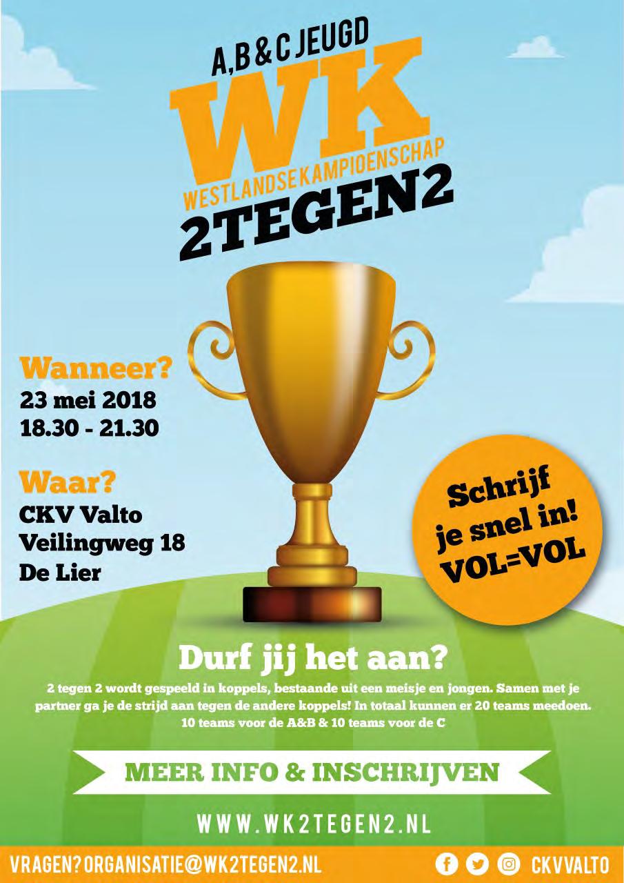 NIEUWE EDITIE WK 2 TEGEN 2! CKV VALTO organiseert op woensdag 23 mei 2018 de derde editie van het Westlands Kampioenschap 2 tegen 2 korfbal voor alle A, B en C jeugd uit het Westland.