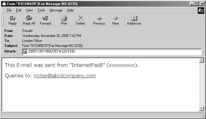 Belangrijk Wanneer Internetfax e-mail naar de computer is verzonden, wordt de volgende informatie altijd in de e-mailtekst ingevoegd: Deze e-mail is verzonden door Hostnaam (productnaam) stuur uw