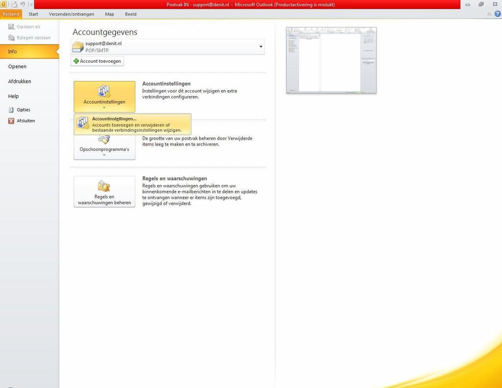 E-mailaccount instellen 1) Start Outlook 2010 op. U krijgt direct onderstaand scherm te zien.