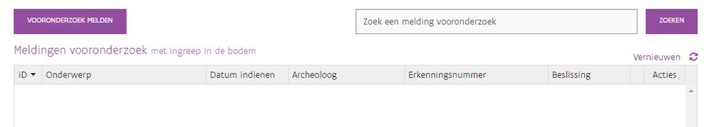 3 Vergunningsplichtige ingrepen Vooronderzoek 1. Melding vooronderzoek Indien u reeds meldingen hebt aangemaakt voor een vooronderzoek kan u deze hier raadplegen.