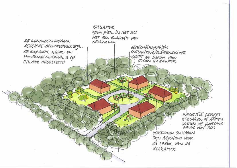 Positie en oriëntatie De bebouwing is georiënteerd op gemeenschappelijke ontsluiting/ buitenruimte Bebouwing direct aan de (bos)weg kan een formelere en meer stenige uitstraling hebben, terwijl