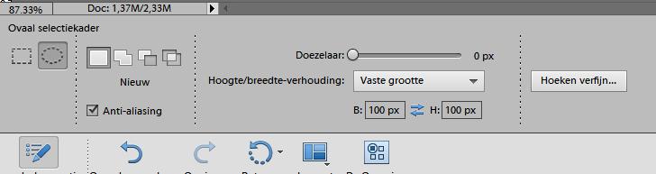 vaste grootte, B = H = 100 px, zal dus een cirkel worden.