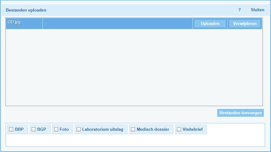 8.3 Documenten Binnen de visitebrief kunt u een document toevoegen door op de knop U komt nu in het scherm voor het uploaden van bestanden. te klikken.
