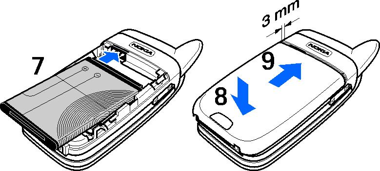Sluit de SIM-kaarthouder (6) door deze omlaag te drukken totdat u een klik hoort. Plaats de batterij terug (7).