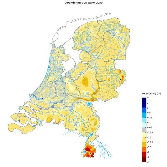 Figuur 4.9 Verandering GLG in 2050 in m als gevolg van het scenario Warm o.b.v. berekeningen met het Deltamodel (Ter Maat et al, 2014) (periode 1965-1995) (links) en het NWM (1986-2006) (rechts). 4.4 Wateraanbod en watertekort knelpuntgebieden In deze paragraaf worden voor elk van de vijf knelpuntgebieden de wateraanvoer en watertekorten weergegeven.