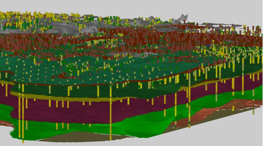 TNO-rapport TNO 2016 R10577 1.3 18 / 55 Figuur 4.2: 3D weergave van een lagenmodel gebaseerd op de geïnterpreteerde boormonsterprofielen van Figuur 4.1. Van het lagenmodel zijn alleen de basisvlakken weergegeven.