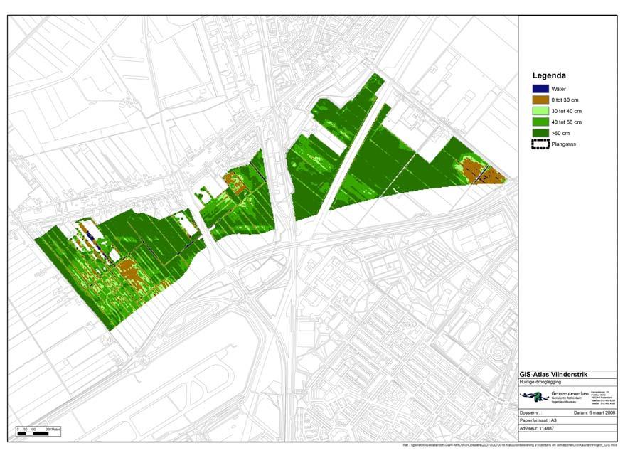 Figuur 4 Kaart van de huidige drooglegging in de polders Met een oppervlaktewaterpeil van NAP -5,88 varieert de drooglegging van de Zuidpolder van 1,2 meter tot 0 meter.