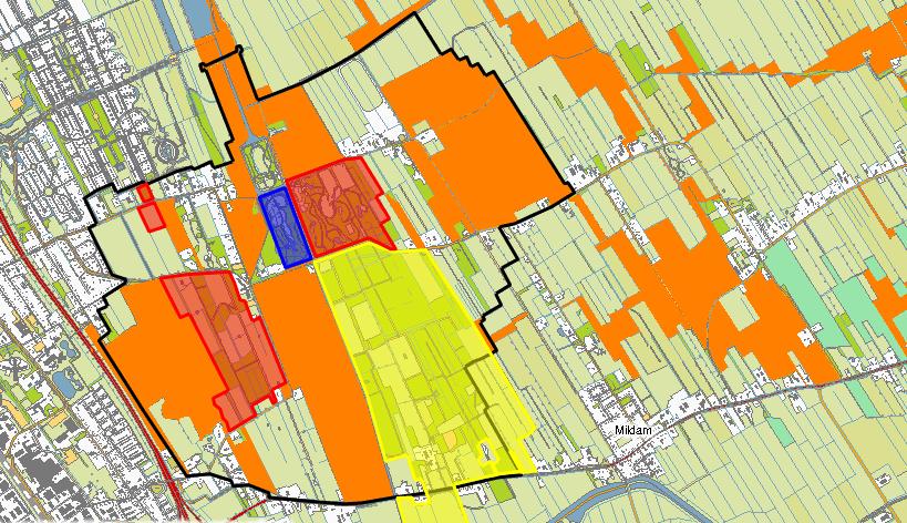 Kaart 3. Eigendomssituatie van 4 eigenaren die deelnemen aan de projectgroep Rood: landgoed Oranjestein en Donglust Geel: landgoed Oranjehoeve.