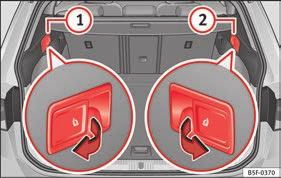 156 In de bagageruimte: hendels voor de ontgrendeling op afstand van de linkerzijde 1 en rechterzijde 2 van de achterste rugleuning.