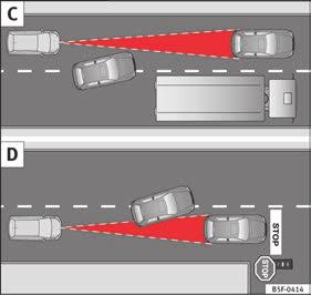 (D) Wagen die draait en een andere die stilstaat. De automatische afstandsregeling (ACC) heeft bepaalde fysieke beperkingen die eigen zijn aan het systeem.